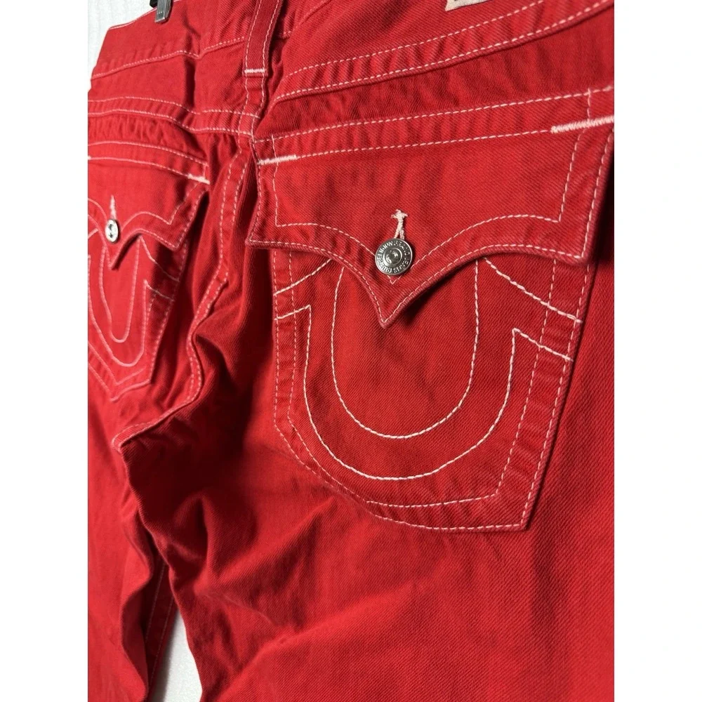 VTG Y2K True Religion Jeans Mens 40x34 Red Straight Flap Pocket Thick Stitch